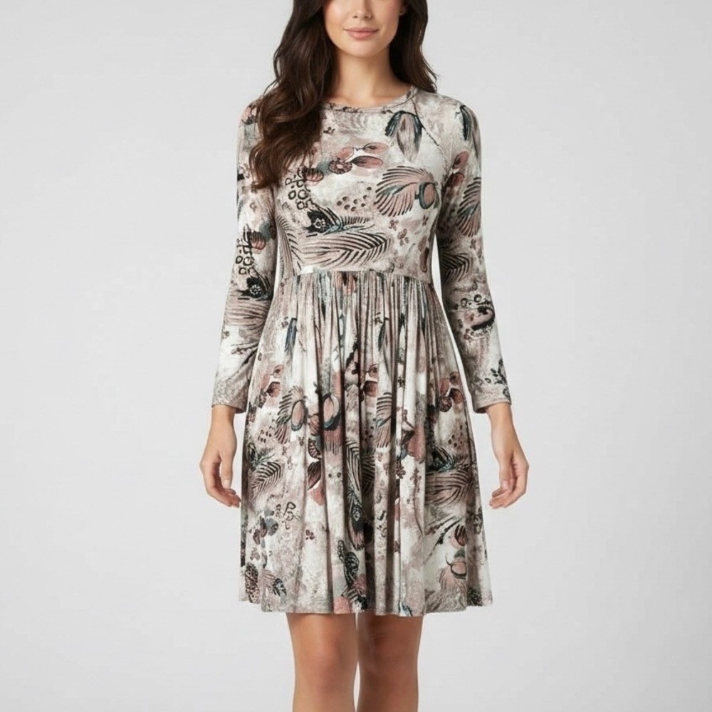 Peruvian Connection Botanical Bird Print Long Sleeve Fit & Flare Midi Dress XS
